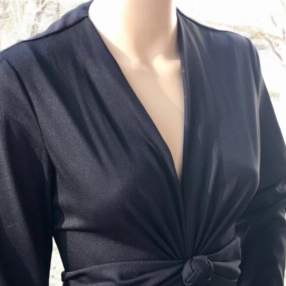 ▪️VTG▪️UNION MADE ▪️ILGWU▪️60’s 70’s Black Draped Knotted Belt Sateen Maxi Dress - Picture 3 of 8